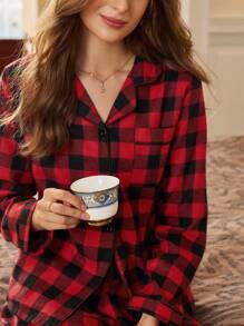 SHEIN EverLounge Damen Lässig Karomuster Langarm Einreiher Top und Hose Pyjama Set, Herbstkleidung