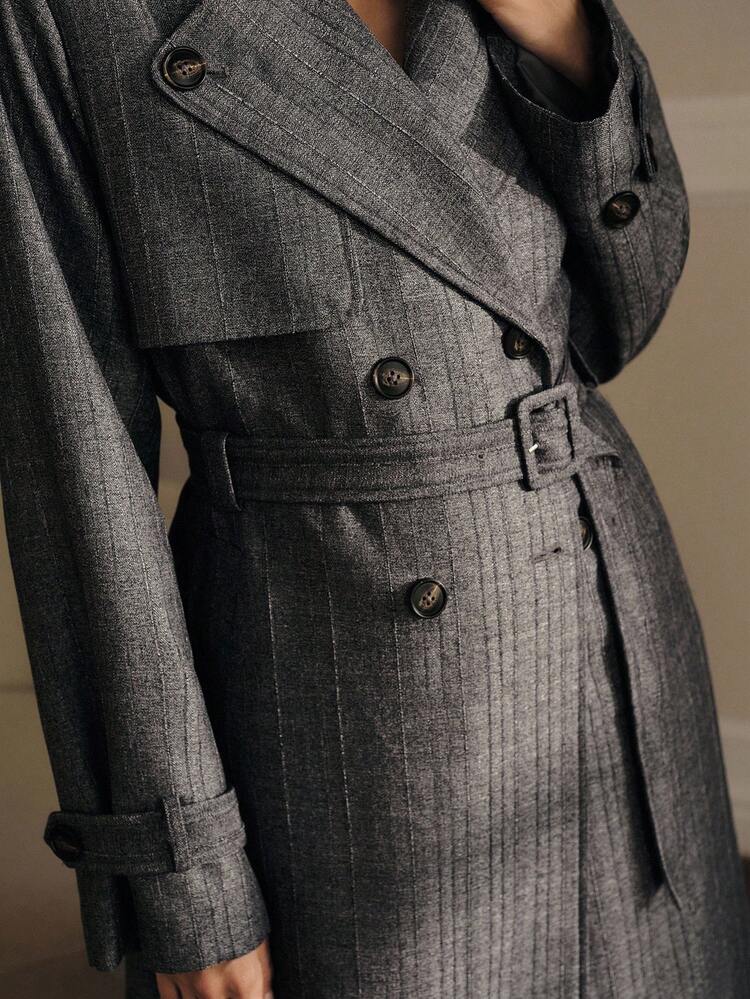 MOTF PREMIUM 翻领双排扣门襟带扣腰带风衣 - 灰色 - 查看 2