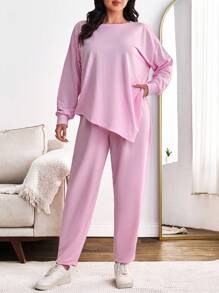 EURMUSE Tuta casual oversize composta da felpa e pantaloni, adatta per uso quotidiano - Rosa antico - Visualizzare 1