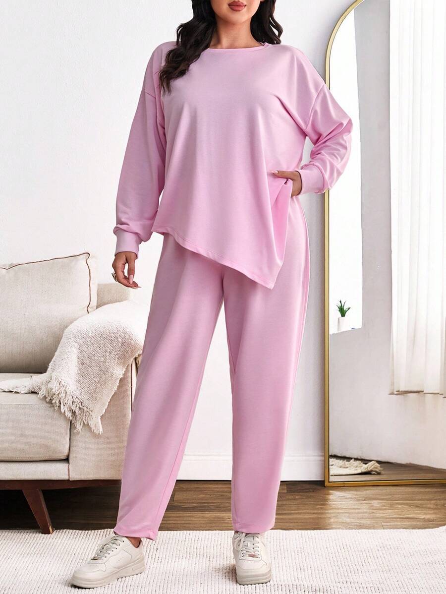 EURMUSE Tuta casual oversize composta da felpa e pantaloni, adatta per uso quotidiano - Rosa antico - Visualizzare 1