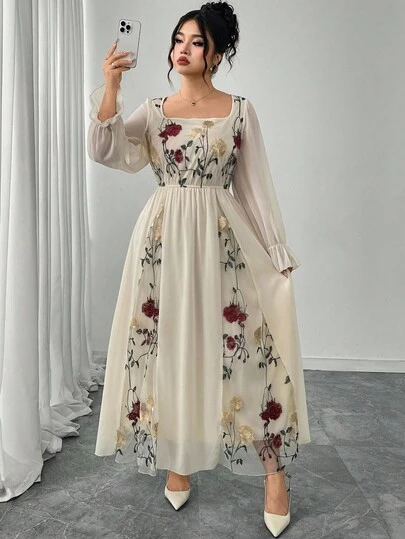 Modelyn 优雅花卉刺绣网眼拼布大码女式连衣裙