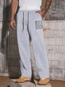 PAVTROS Manfinity Streetrush Men's 2 In 1 Sweatpants,Thickened Thermal Lined Drawstring Waist Joggers, Slogan Light Grey,Autumn,Streetwear,City Break - Light Grey - View 5