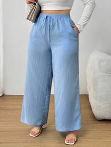 SHEIN PETITE CURVE Damen Business Lässig Strandoutfit für Frauen Mode Pendeln Elegant Lila Lotosblume Rosa Weite Hose, Taschen Hose in Große Größen