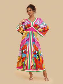 SHEIN VCAY Plus Size Women Tropical Colorful Geometric Abstract Print V-Neck Long Sleeve Maxi Dress, Casual Holiday Party Vacation Travel - Multicolor - View 5