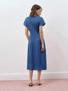 Maija Vestido casual de cintura ajustada con cuello redondo y manga corta, unicolor, con pliegues hasta la pantorrilla, adecuado para vacaciones, trabajo y uso casual, vestido de satén elegante - Azul - Ver 4