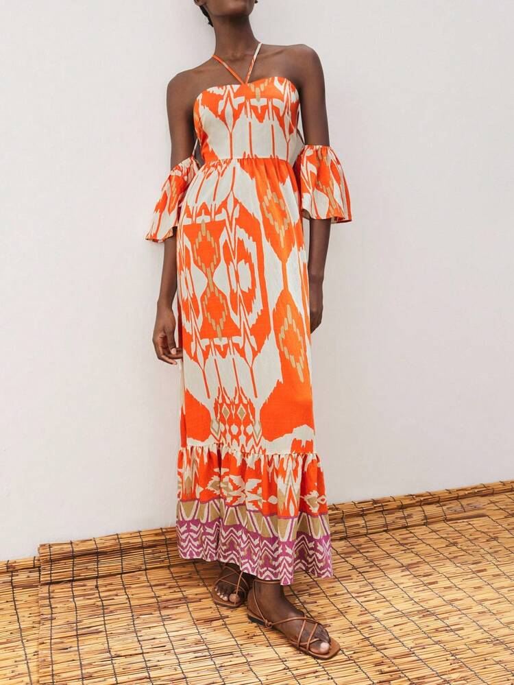 SHEIN Maija Women's Vacation Casual Contrast Color Print Backless Dress