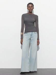 Maija 女士优雅灰色网眼拼接褶皱长袖T恤，百搭实用，适合日常穿着、商务休闲、办公、教师等场合。 - 灰色 - 查看 2