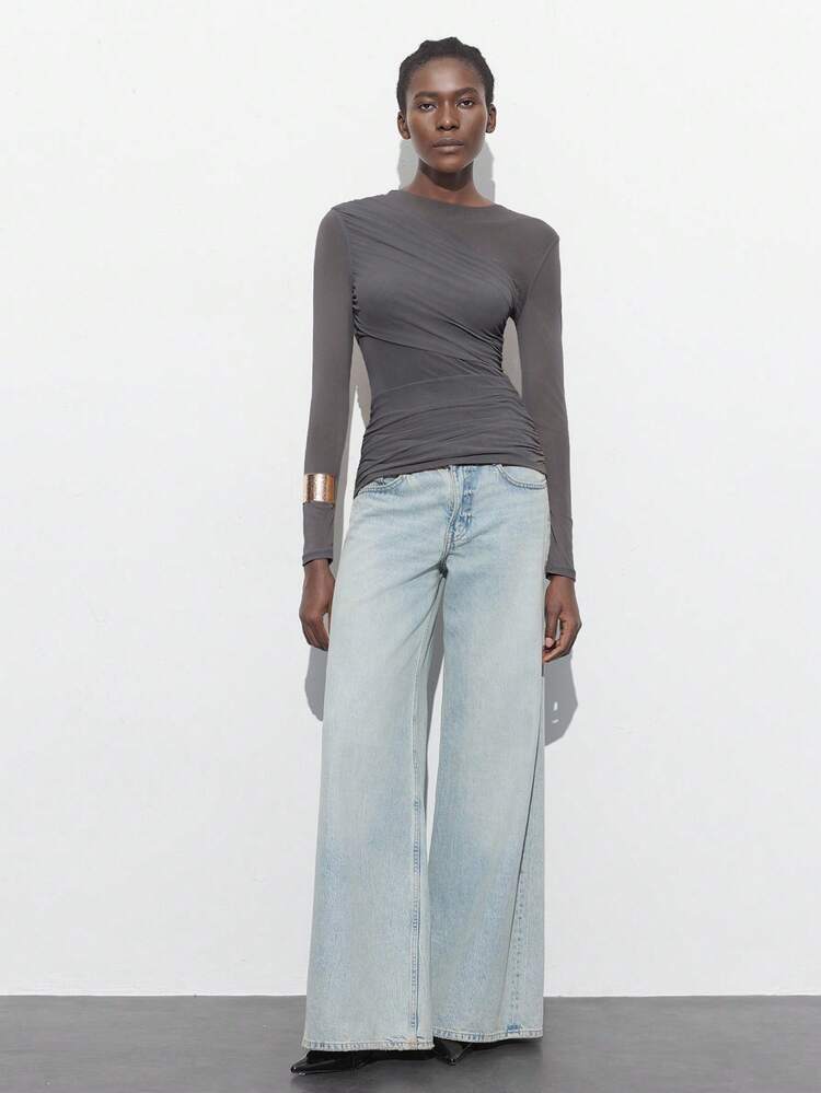 SHEIN Maija Camiseta de manga larga con malla gris elegante, empalme y fruncido, versátil para uso diario, casual de negocios, oficina, maestro