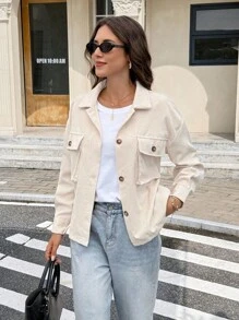 Serisse 秋冬翻盖口袋落肩灯芯绒夹克 - 米色 - 查看 4