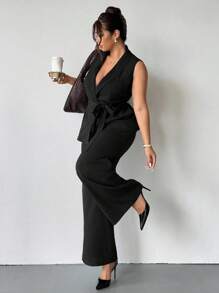 Firerie 大码女装休闲优雅通勤简约纯黑色神秘无袖系带背心马甲腰系带宽松阔腿裤带口袋两件套/演唱会改良机场教师工作服，秋季女装大码裤装套装大码两件套女优雅两件套两件套裤子套装女秋季 - 黑色 - 查看 8