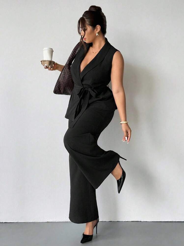 Firerie Plus Size Women's Casual Elegant Commuting Simple Solid Black Mysterious Sleeveless Tie Vest Vest Waist Tie And Loose Wide-Leg Pants With Pockets Two-Piece Suit / Concert Modified Airport Teacher Work Clothes,Fall Clothes For Women Plus Size Pant Suit Set Plus Size Two Pieces Set Women Elegant Two Pieces Set Two Pieces Pants Set Women Autumn - Black - View 8