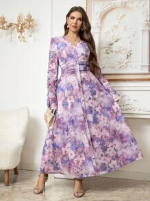 SHEIN Clasi Curvy Plus Size 女式紫色优雅花卉印花高弹力网眼印花长袖荷叶边袖腰长裙，2025 年新款，加大码优雅浪漫花卉印花 V 领宽松喇叭袖连衣裙 - 紫色 - 查看 7