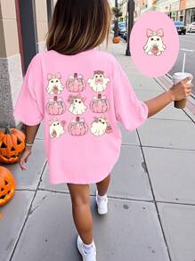 SHEIN Girls' Halloween Ghost Pumpkin Shirt Pink And White,Summer,Cute,City Break Oversized Tween Girl Creative Grid Bow Graphic Print Short Sleeve T-Shirt - Pink - View 1