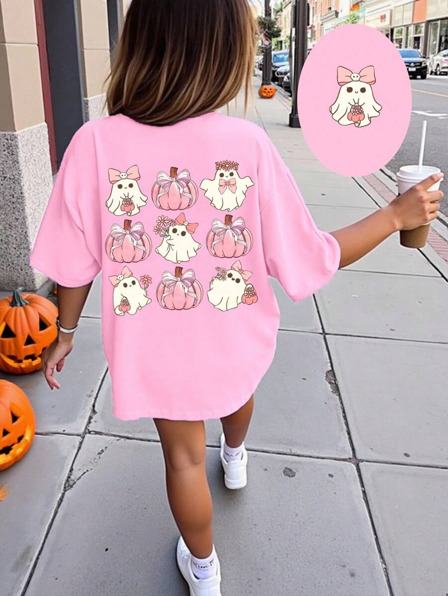 SHEIN Girls' Halloween Ghost Pumpkin Shirt Pink And White,Summer,Cute,City Break Oversized Tween Girl Creative Grid Bow Graphic Print Short Sleeve T-Shirt - Pink - View 1