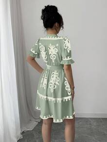 Elenzga Damen Lässig Kleid mit Blume Muster, V-Ausschnitt und Taillenbindung