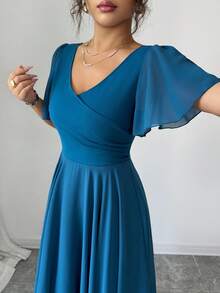 Elenzga 荷叶边袖腰部收紧 V 领 A 字型简约优雅浪漫精致女士连衣裙 - 水鴨藍 - 查看 6