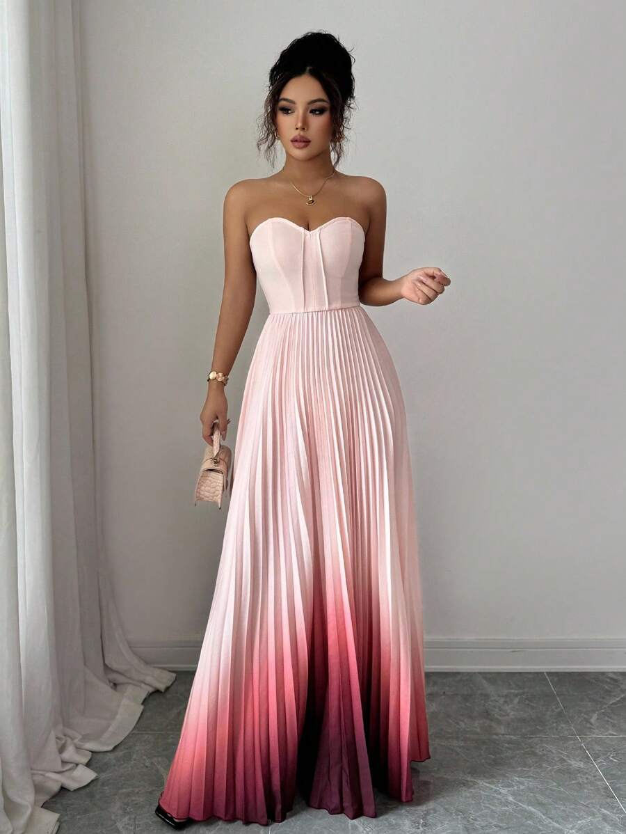 Elenzga Vestido elegante y romántico con gradiente de color, cintura fruncida y dobladillo en línea A sin tirantes para mujeres - Multicolor - Ver 1