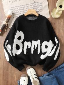 Teen Boy Long Sleeve Sweater, Letter Jacquard Black & White