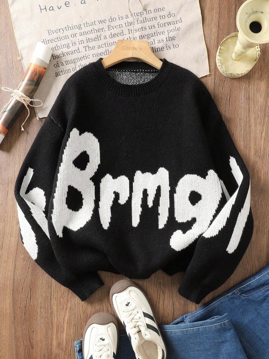 Teen Boy Long Sleeve Sweater, Letter Jacquard Black & White