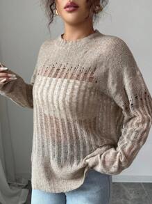 Selianne 女士轻薄镂空透视毛衣，适合秋季穿着，优雅时尚，休闲通勤、商务办公、日常休闲百搭，展现气质，都市教师职业装。 - 卡其色 - 查看 5