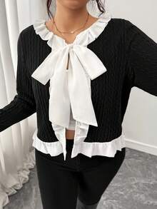 Elenzga Plus Size Elegant Commuter Color Block Ruffle Tie Jacket Fall Winter Cloth For Women Autumn - Black - View 5