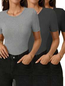 SHEIN 3 件套女式短袖圆领罗纹休闲 T 恤套装，夏季 - 彩色 - 查看 1