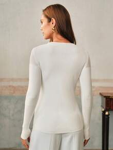 Anewsta Áo thun nữ màu trơn cổ tròn, vai thường, tay dài, ôm sát, chất liệu vải mỏng nhẹ, đa năng. - trắng - Xem 3