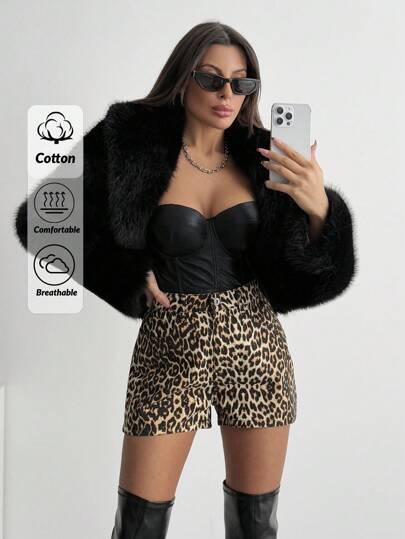 SHEIN Cottnline Women's Leopard Print Pattern Fashionable Loose Denim Shorts