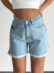 SHEIN MINI DENIM SHORT WITH CHERRY EMBROIDERY, Minimalist & Fashionable, Suitable For Summer - Light Wash - View 6
