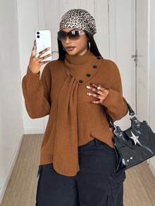 Maweii 大码女式纯色优雅毛领针织套头衫 - 駝色 - 查看 1