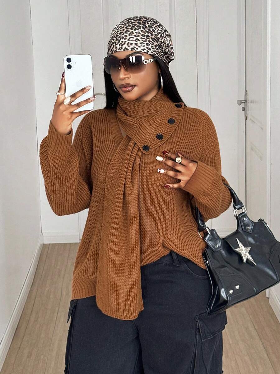 Maweii 大码女式纯色优雅毛领针织套头衫 - 駝色 - 查看 1