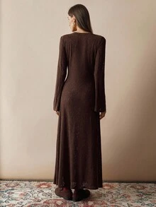 Florisole 女式纹理圆领长袖休闲时尚连衣裙 - 咖啡 - 查看 2