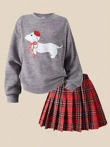 SHEIN Explorewe Tween Girls Cute Dog Print Long Sleeve Knit Sweatshirt & Vintage Pleated Mini Skirt 2-Piece Set,Grey Autumn School Back-To-School Casual Wear - Multicolor - View 5