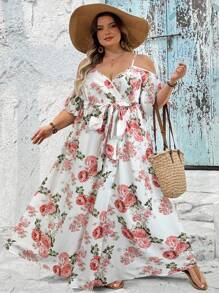 SHEIN CURVE+ 大码浪漫花卉印花裹领夏季波西米亚风连衣裙，Curve Plus，波西米亚风女士度假海滩装/沙滩裙/海滩度假装/海滩必备品/毕业/茶会礼服