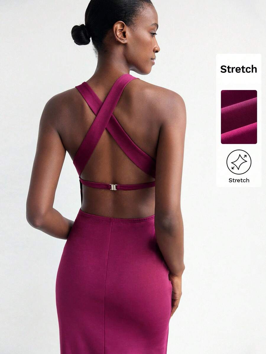 Maija Váy xẻ tà hở lưng màu trơn gợi cảm cho nữ, mùa hè - Màu tím - Xem 1