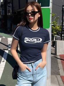 DAZY Women's Letter Printed Round Neck Short Sleeve T-Shirt,Graphic Tees - Navy Blue - View 3