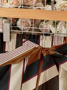 SHEIN LUNE 休闲长款涤纶阔腿裤女纸袋腰条纹裤条纹长裤女条纹裤竖条纹裤高腰条纹裤秋装冬装 - 彩色 - 查看 4