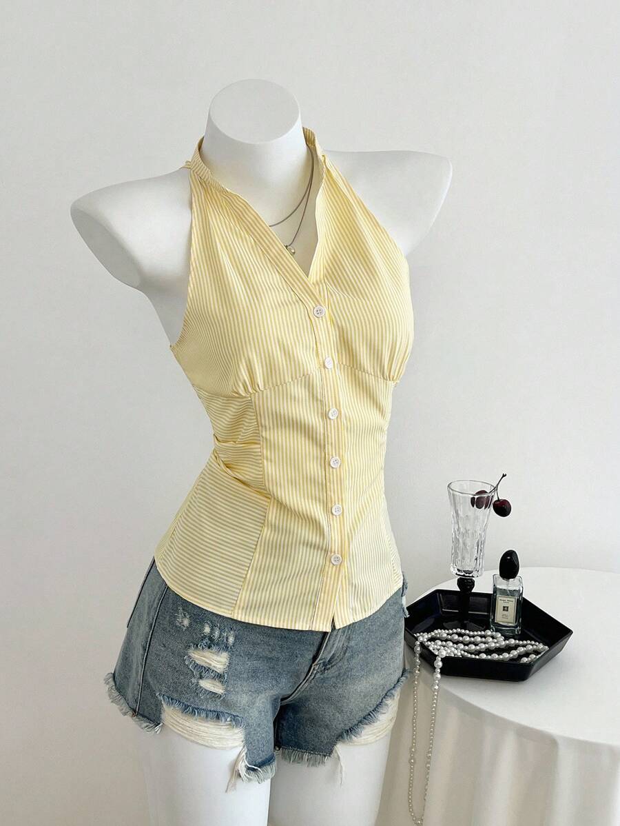 Elamini 女士休闲条纹修身无袖领衬衫