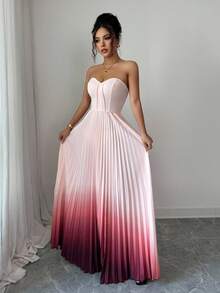 Elenzga Vestido elegante y romántico con gradiente de color, cintura fruncida y dobladillo en línea A sin tirantes para mujeres - Multicolor - Ver 5