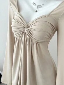 Elamini Women's Casual Twist Front V-Neck Long Sleeve T-Shirt, Versatile, New Style, Spring/Autumn Fall Cloth For Women