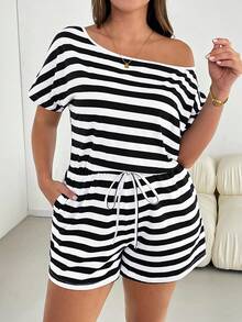 SHEIN Essnce Plus Size Women's Romper, Casual Striped Romper,Summer Women Dresses One Piece Outfit Jumpsuit,Shorts Women Rompers,Summer Shoulder Women's Clothing, Short-Sleeved Jumpsuits