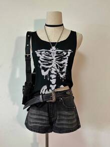 Attitoon 复古街头风格水墨水彩骷髅骨头印花女式背心 - 黑色 - 查看 6