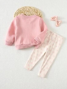Cozy Pixies 2pcs Baby Girl Bow Knit Soft Round Neck Long Sleeve Pullover Sweatshirt And Elastic Waist Leggings Set Fall Winter