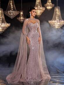 Glamrae Elegant Luxurious Beaded & Sequin Floral Detachable Jacket & Mermaid Skirt, Suitable For Wedding, Party, Vacation, Prom, Evening Gown (Heavy Embellished) - Dusty Pink - View 7