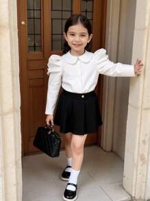 SHEIN 年轻女孩可爱学院风百搭休闲白色公主袖彼得潘领翻领衬衫，背面上衣学校 - 白色 - 查看 2