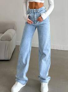 SHEIN Tall Snow Wash Straight Leg Jeans High Rise For Tall - Light Wash - View 6