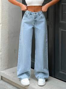 EURMUSE 100%Cotton LOW WAIST WIDE LEG LIGHT BLUE JEAN - Light Wash - View 5