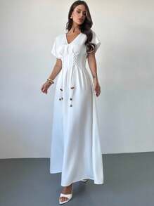 Firerie Vestido largo elegante con cintura anudada para mujer - Blanco - Ver 7