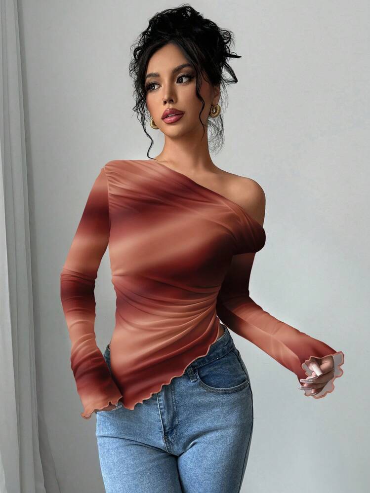 Firerie Women's Vintage Tie-Dye Asymmetrical Shoulder Sexy Minimalist Elegant Fitted T-Shirt, Suitable For Summer, Suitable For Date Fall Clothes - Multicolor - View 3