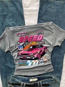 Attitoon 女士休闲腰部褶饰粉色汽车英伦印花朋克复古露肩紧身短袖T恤，适合夏季、街头风格和机场，露肩上衣